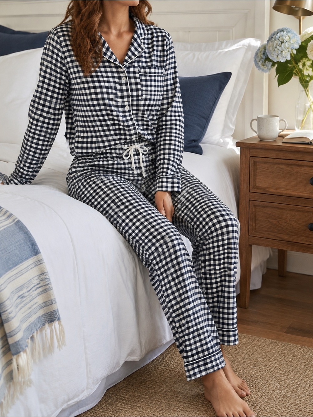 Petite Plume Navy Gingham Long Sleeve Pajama Set Women’s XS